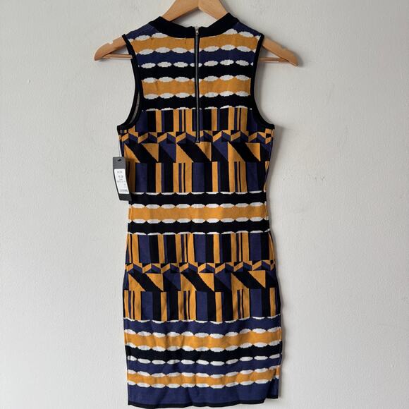 Akira Sweater Dress Womens Small Yellow Blue Geometric Print Bodycon Going Out‎ - Picture 2 of 9
